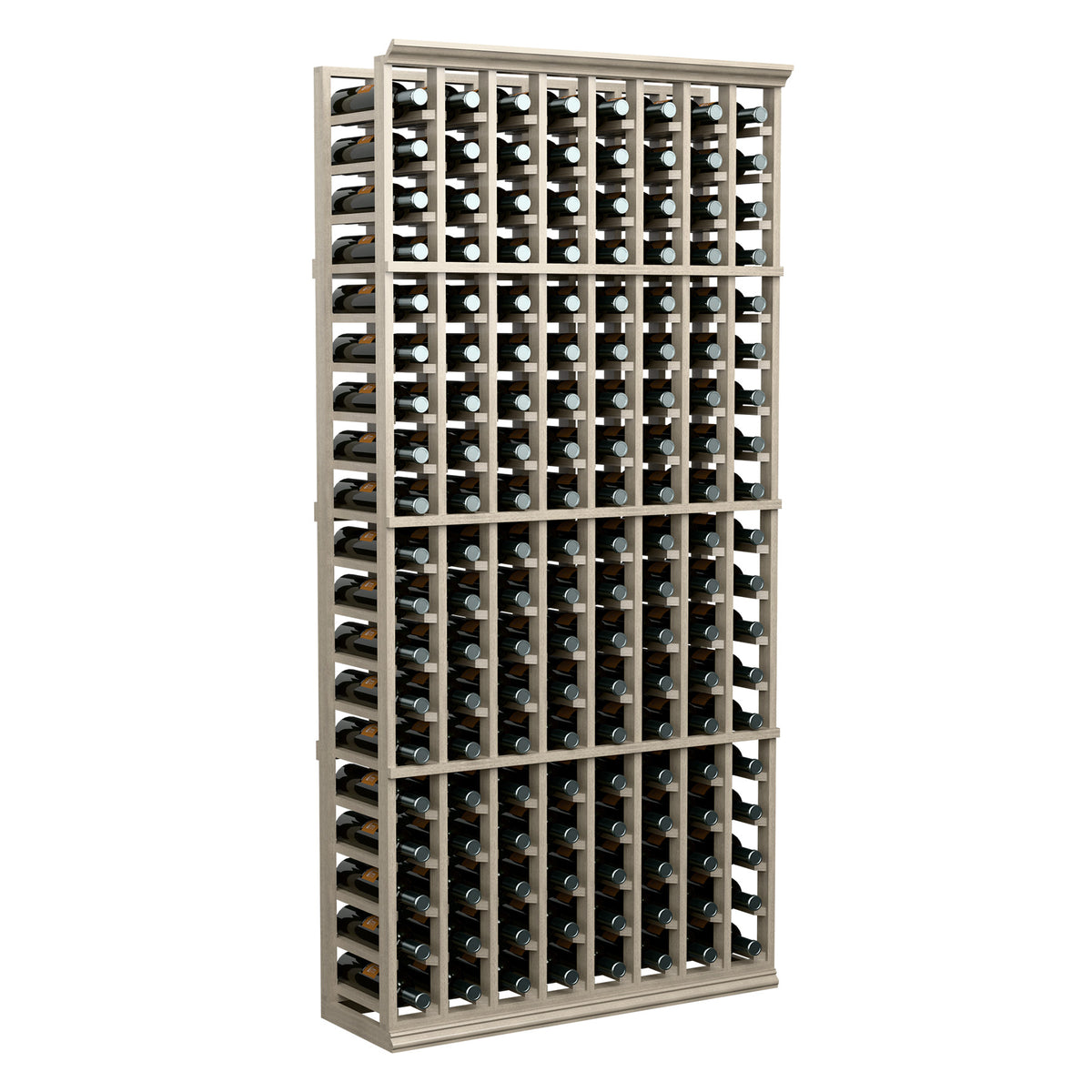 8-column 6-ft wooden wine bottle rack with dark bottles and silver caps, front view