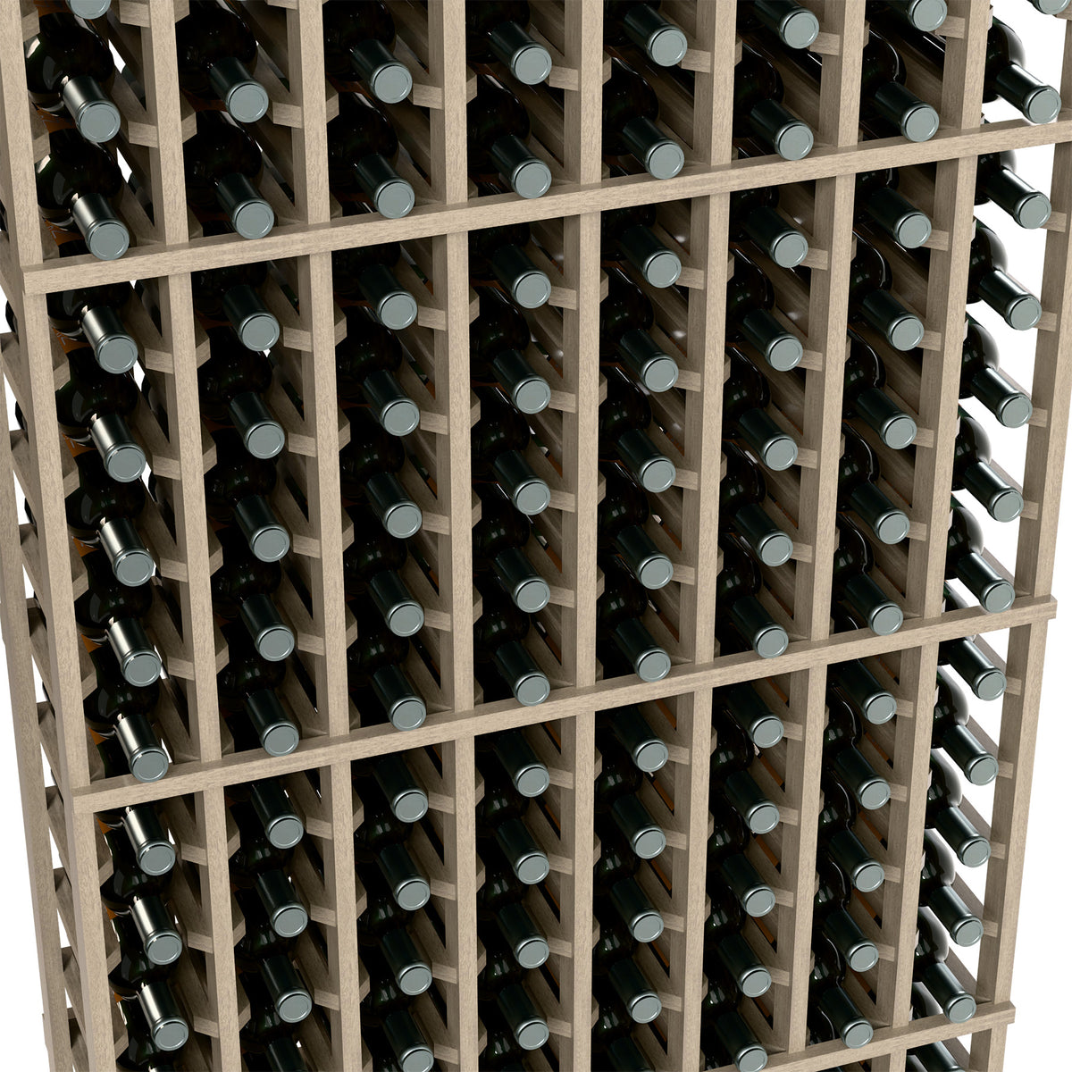 Close-up view of an 8-column 6-ft wooden wine rack with bottle necks and dividers