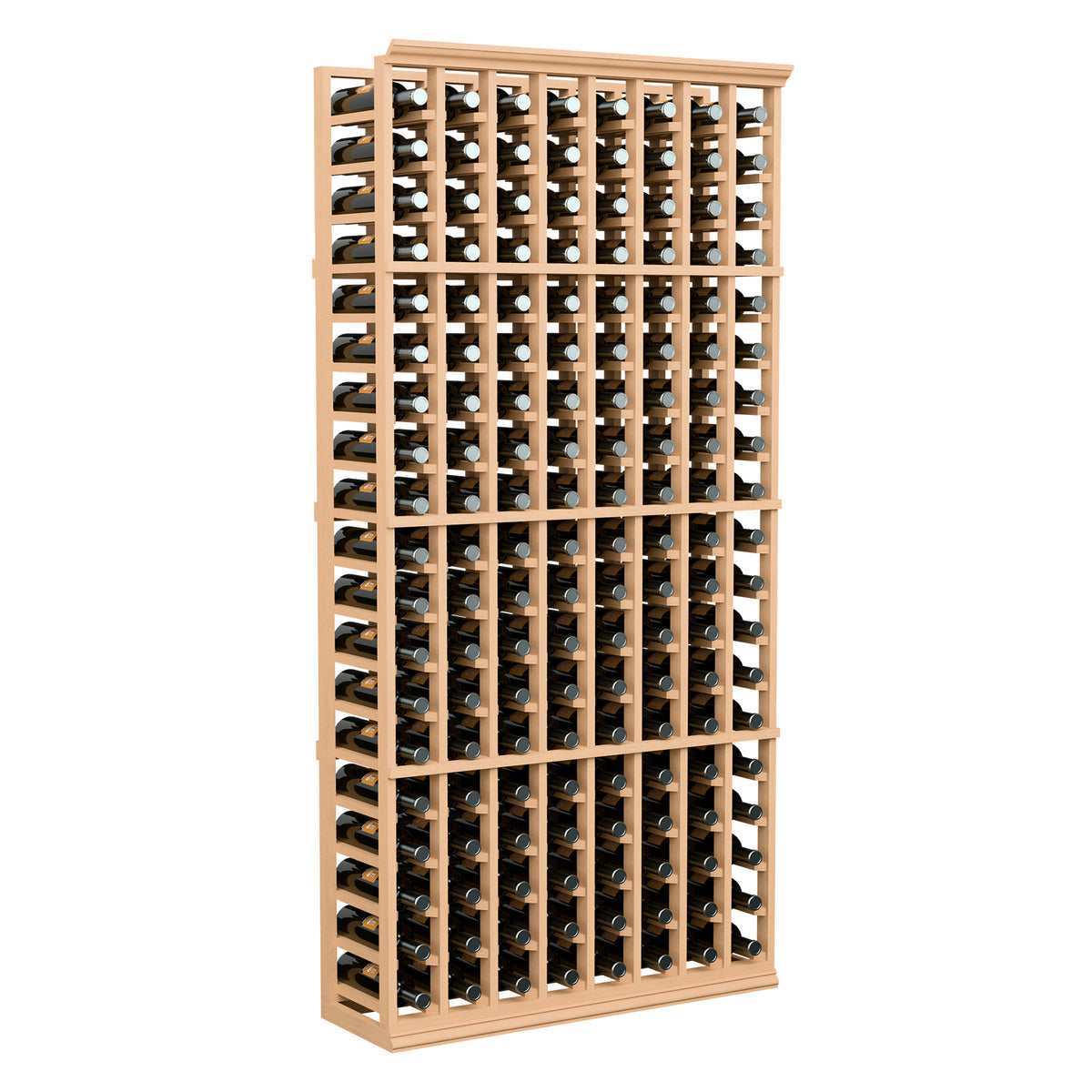 8-column 6-ft light-wood wine bottle rack with dark bottles and silver caps, front view