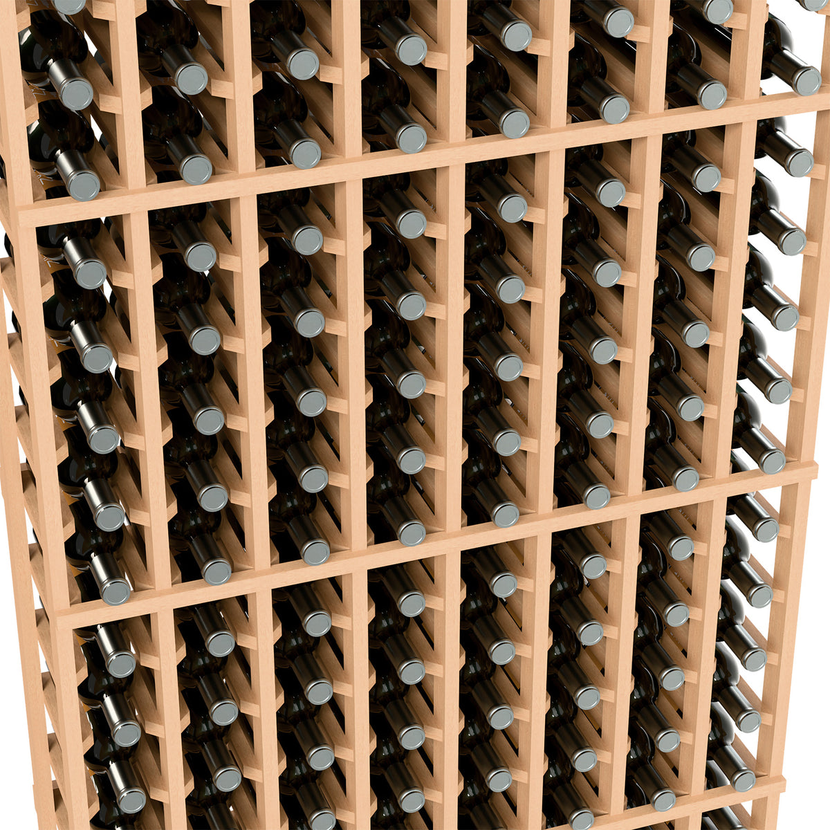 Close-up of 8-column 6-ft light-wood wine rack showing bottle necks in rows