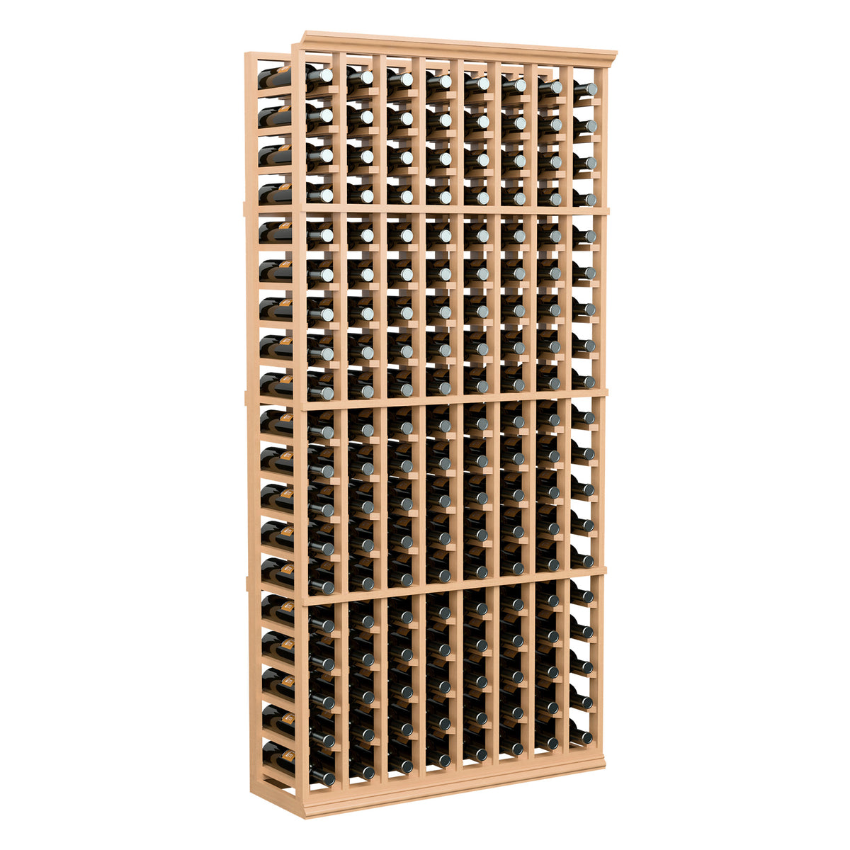 8-column 6-ft light-wood wine bottle rack with dark bottles and silver caps, front view