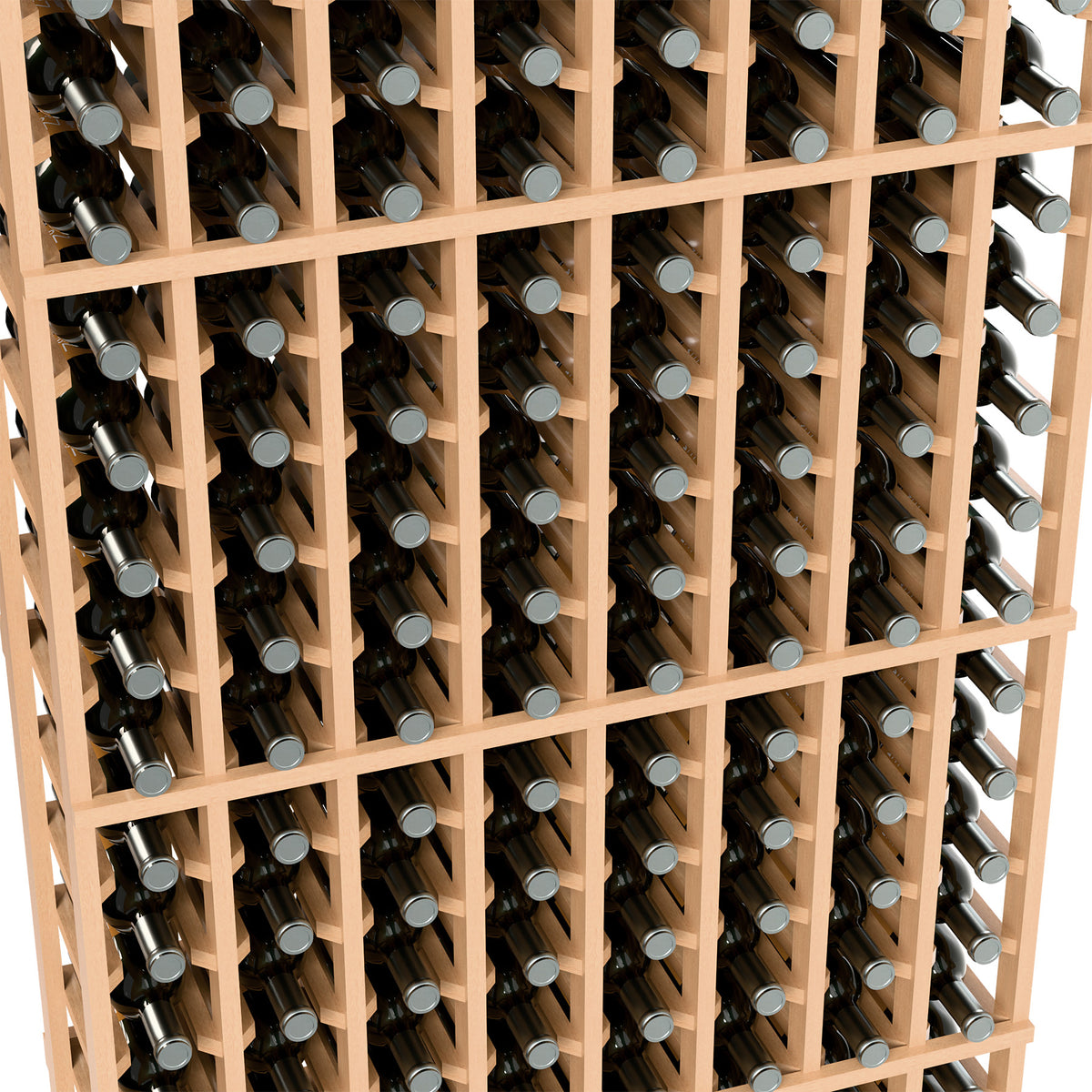 Close-up of 8-column 6-ft light-wood wine rack with bottle necks and wooden bars