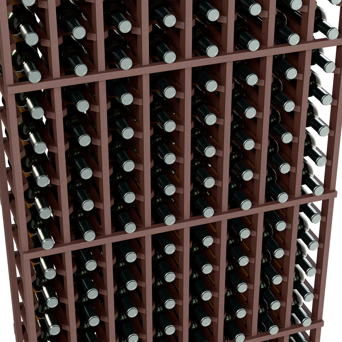 Close-up of 8-column 6-ft dark-wood wine rack with bottle necks in grid compartments