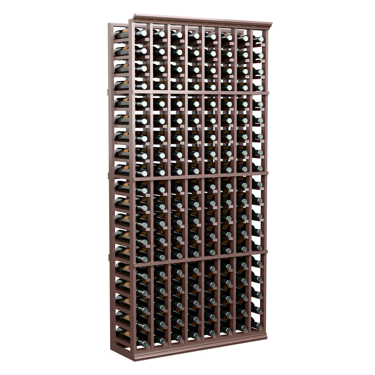 Wood wine bottle rack with 8 columns, dark frame and bottle necks visible.