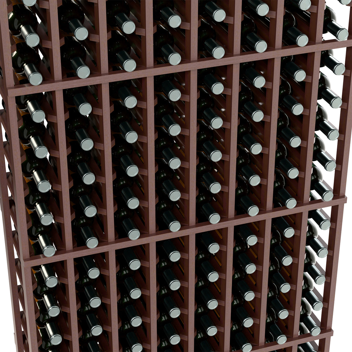 Close-up of dark wood wine bottle rack with bottle necks in grid slots.