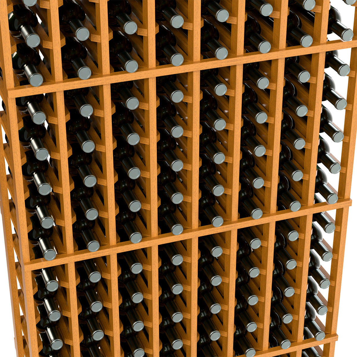 Close-up of light wood wine bottle rack with bottle necks in grid slots.