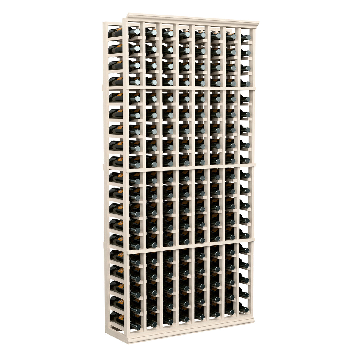 Wine bottle rack with 8 columns, whitewashed frame and bottle necks visible.