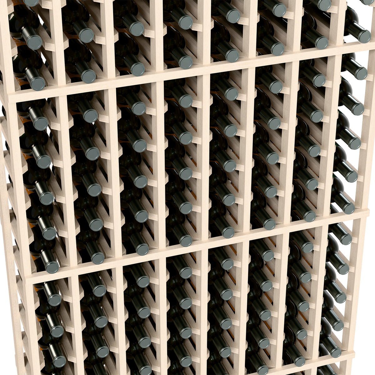Close-up of whitewashed wine bottle rack with bottle necks in grid slots.