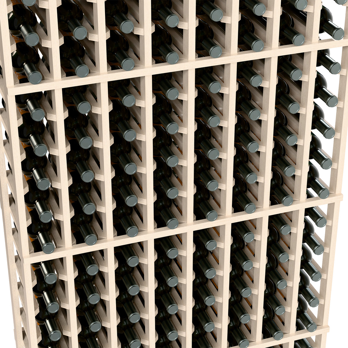 Close-up of whitewashed wine bottle rack with bottle necks in grid slots.