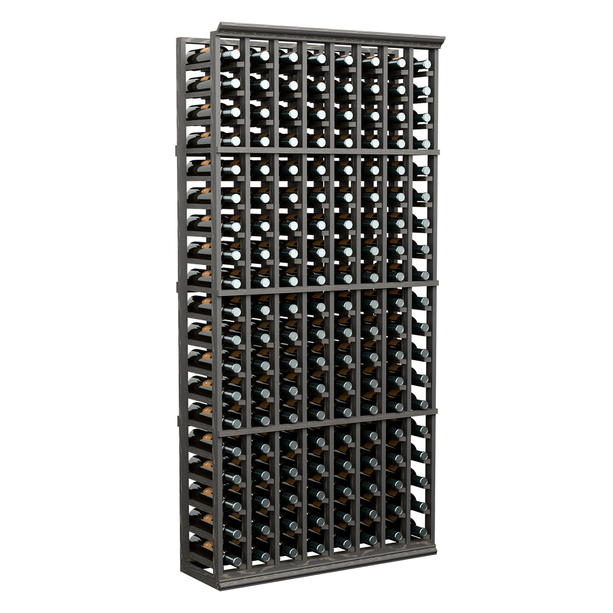 Wine bottle rack, 8 columns, black frame with rows of wine bottles