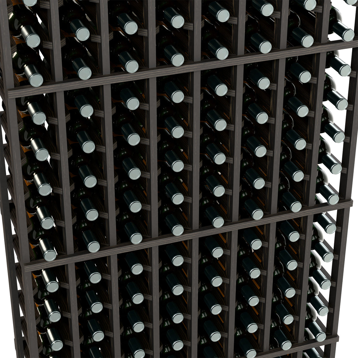 Wine bottle rack close-up, black grid holding wine bottles