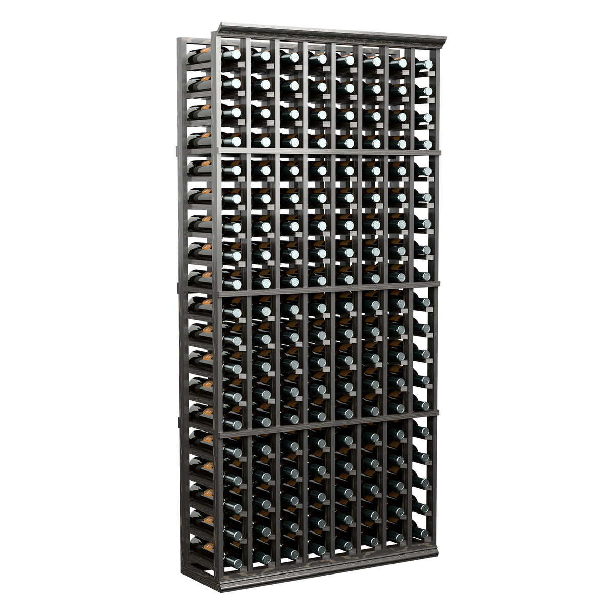 Standing wine bottle rack, black frame with multiple wine-bottle rows