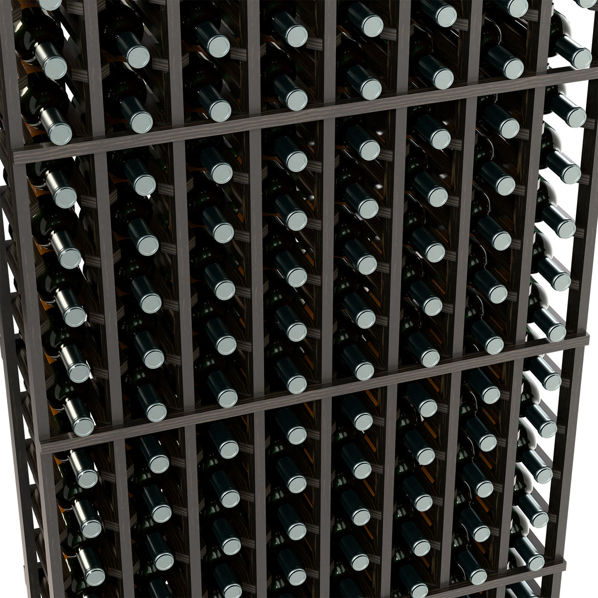 Wine bottle rack detail, black wood grid with bottle necks and caps