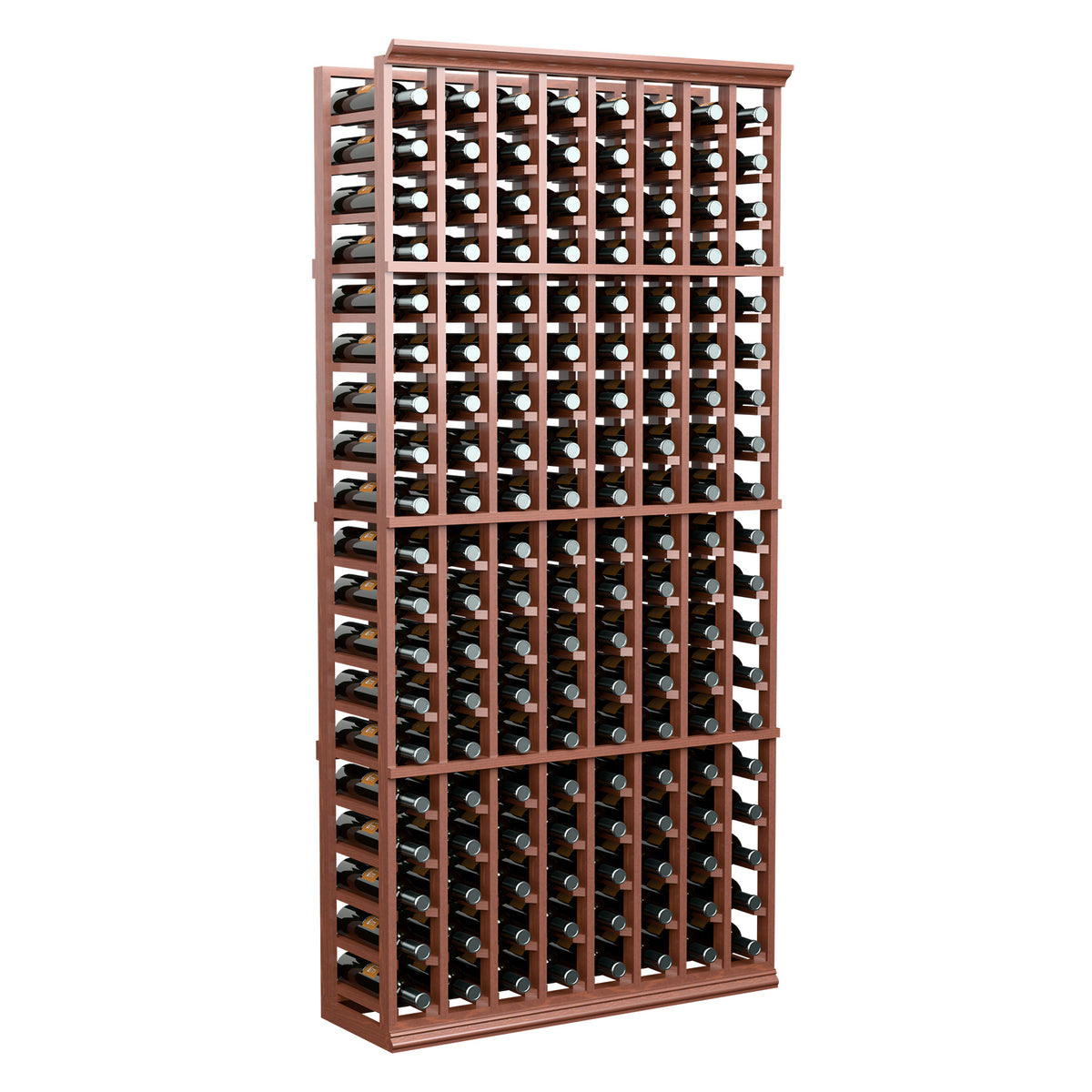 Wine bottle rack, reddish-brown frame, front view with multiple bottle rows