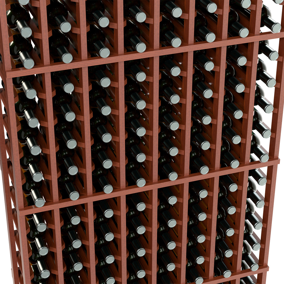 Wine bottle rack detail, reddish-brown grid and bottle tops