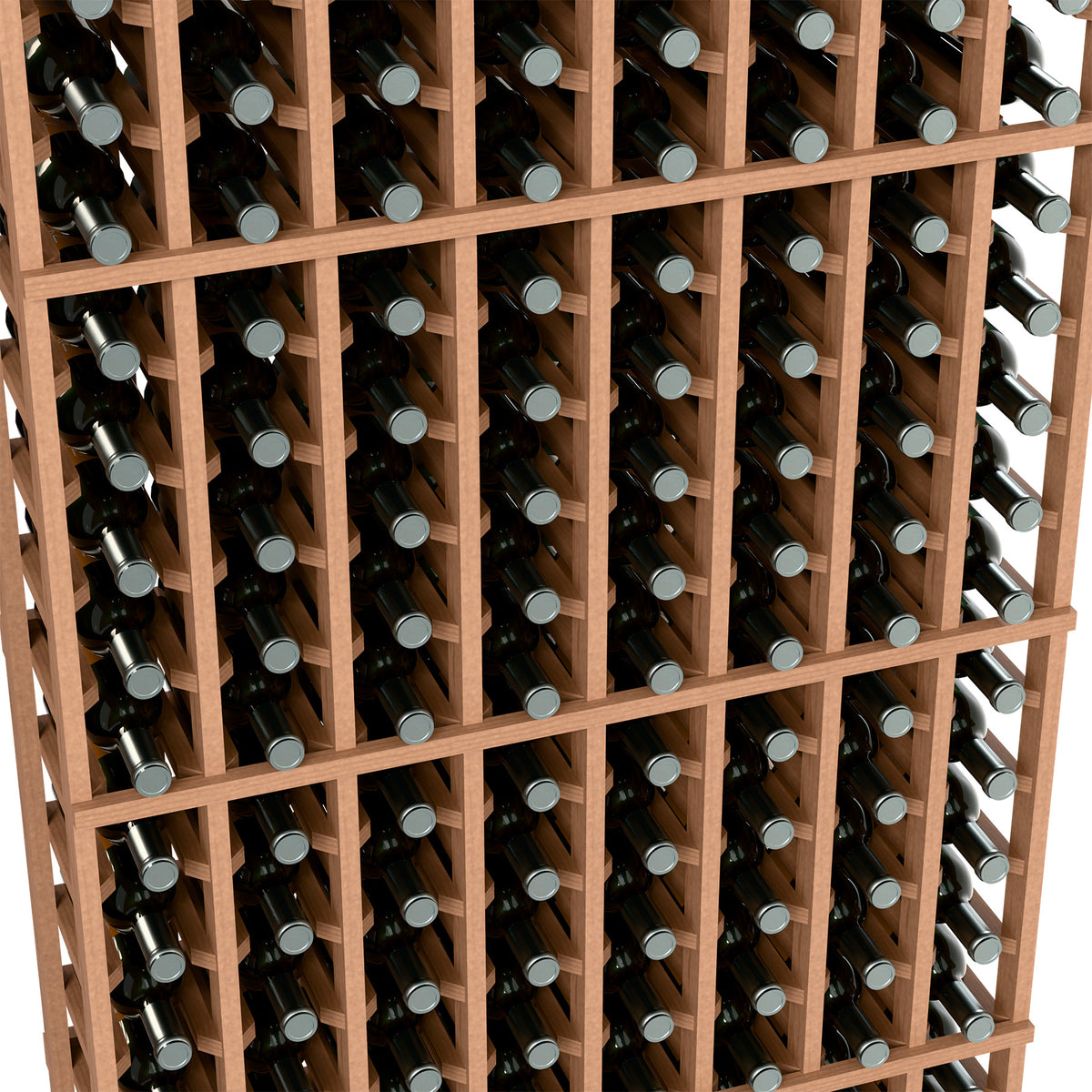 Wine bottle rack detail, light wood grid with wine bottle necks and caps