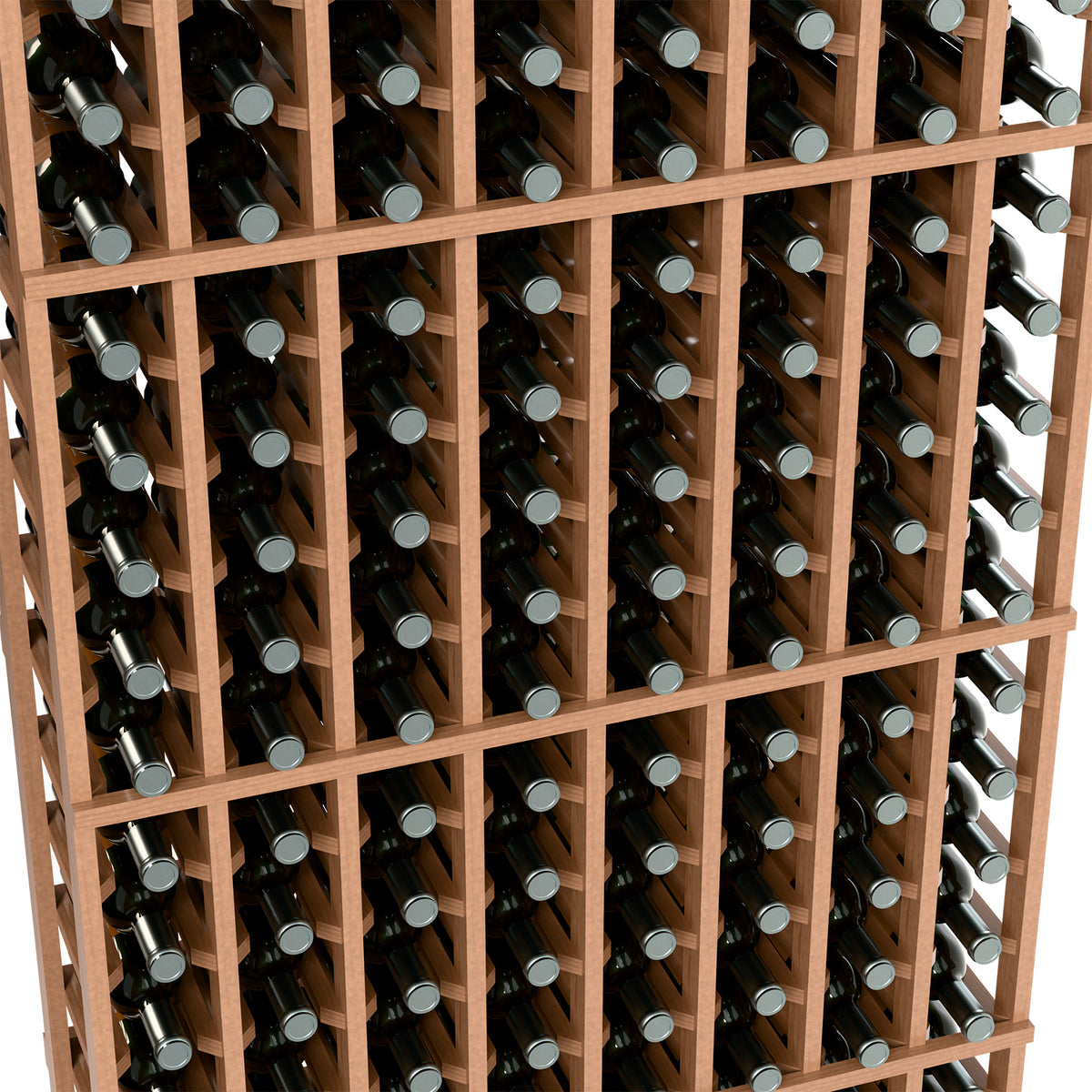 Light wood wine bottle rack close-up, rows of bottles in vertical slots
