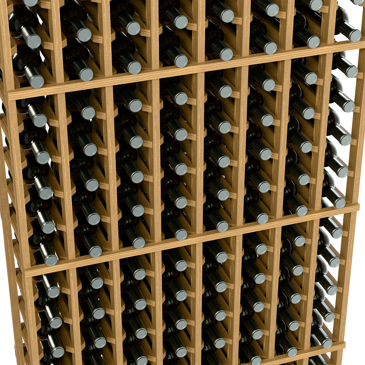 Light wood wine rack close-up, bottles with silver caps in grid compartments