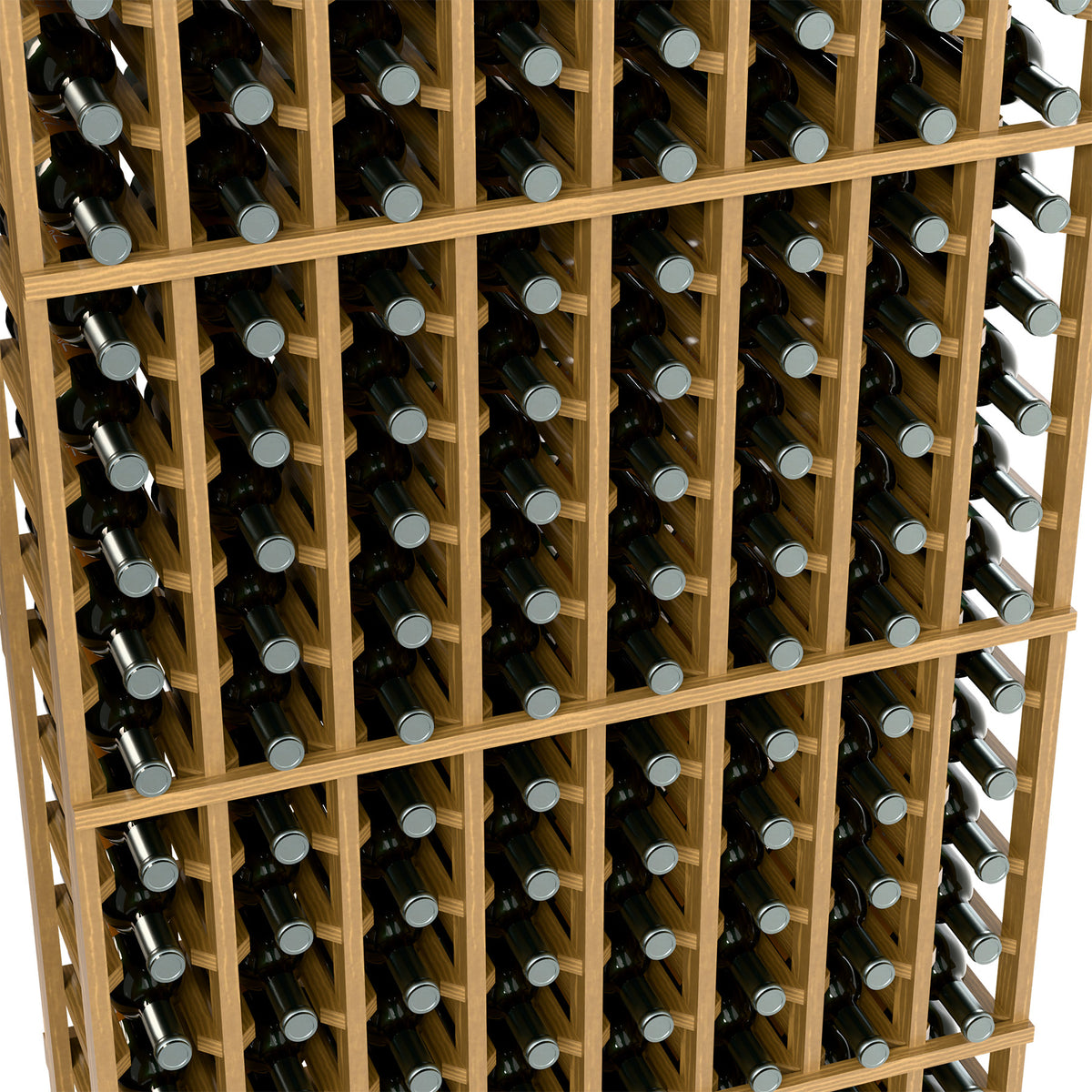Light wood wine bottle rack close-up, bottles with silver caps in grid slots