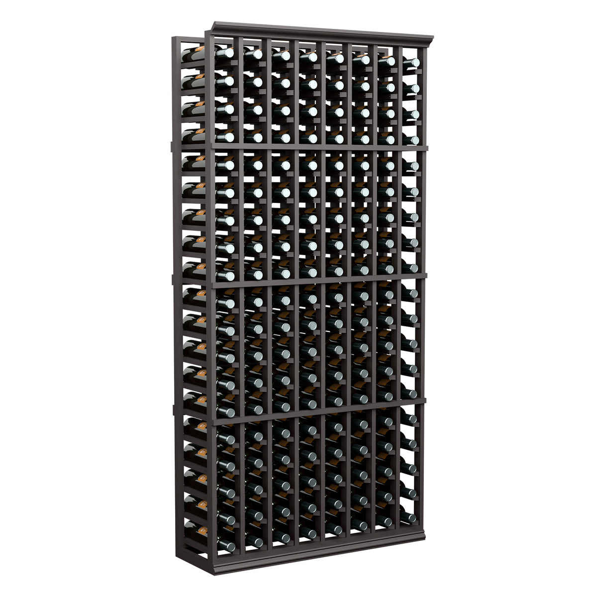 8-column wine bottle rack, dark frame with wine bottles, 6 ft tall