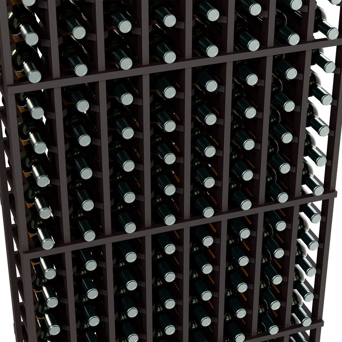 Dark wine bottle rack close-up, bottles with silver caps in grid slots