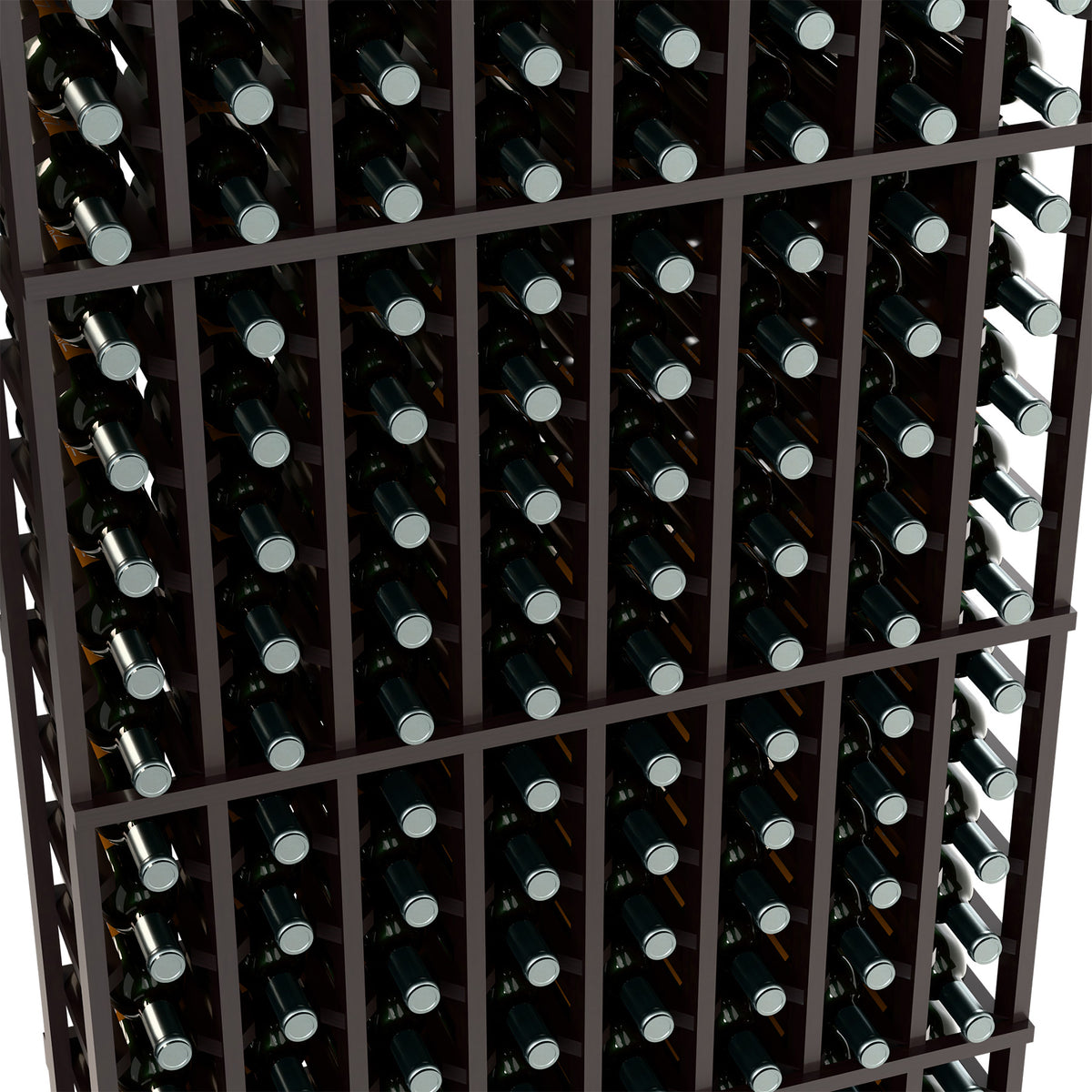 Dark wine bottle rack close-up, rows of bottles in vertical compartments
