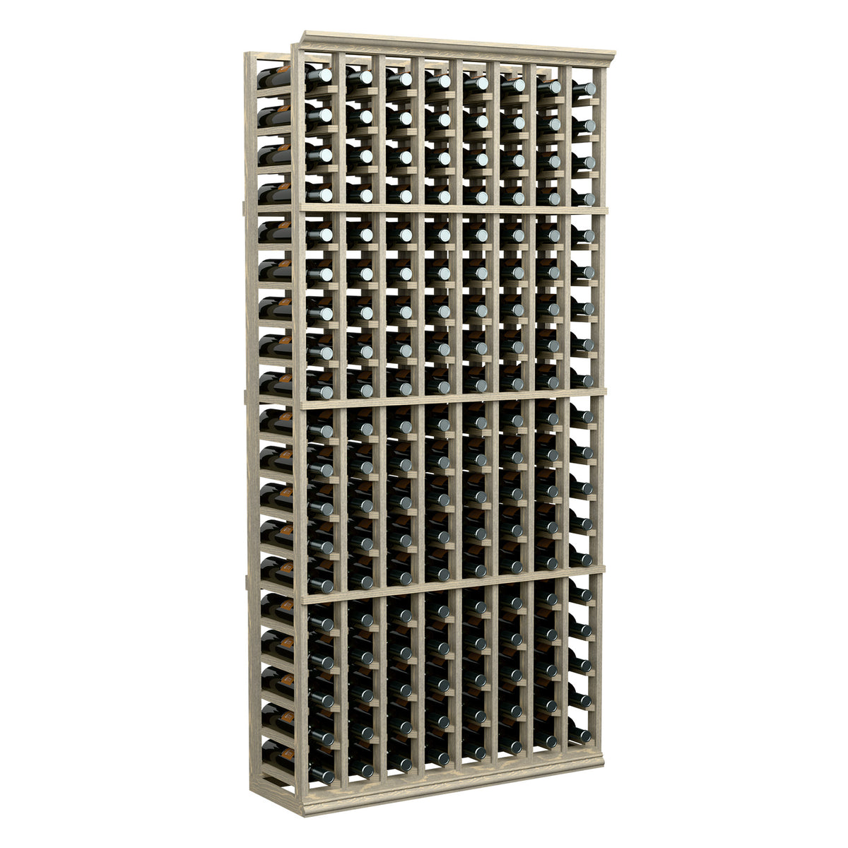 Wine bottle rack with light wood frame holding wine bottles with dark glass