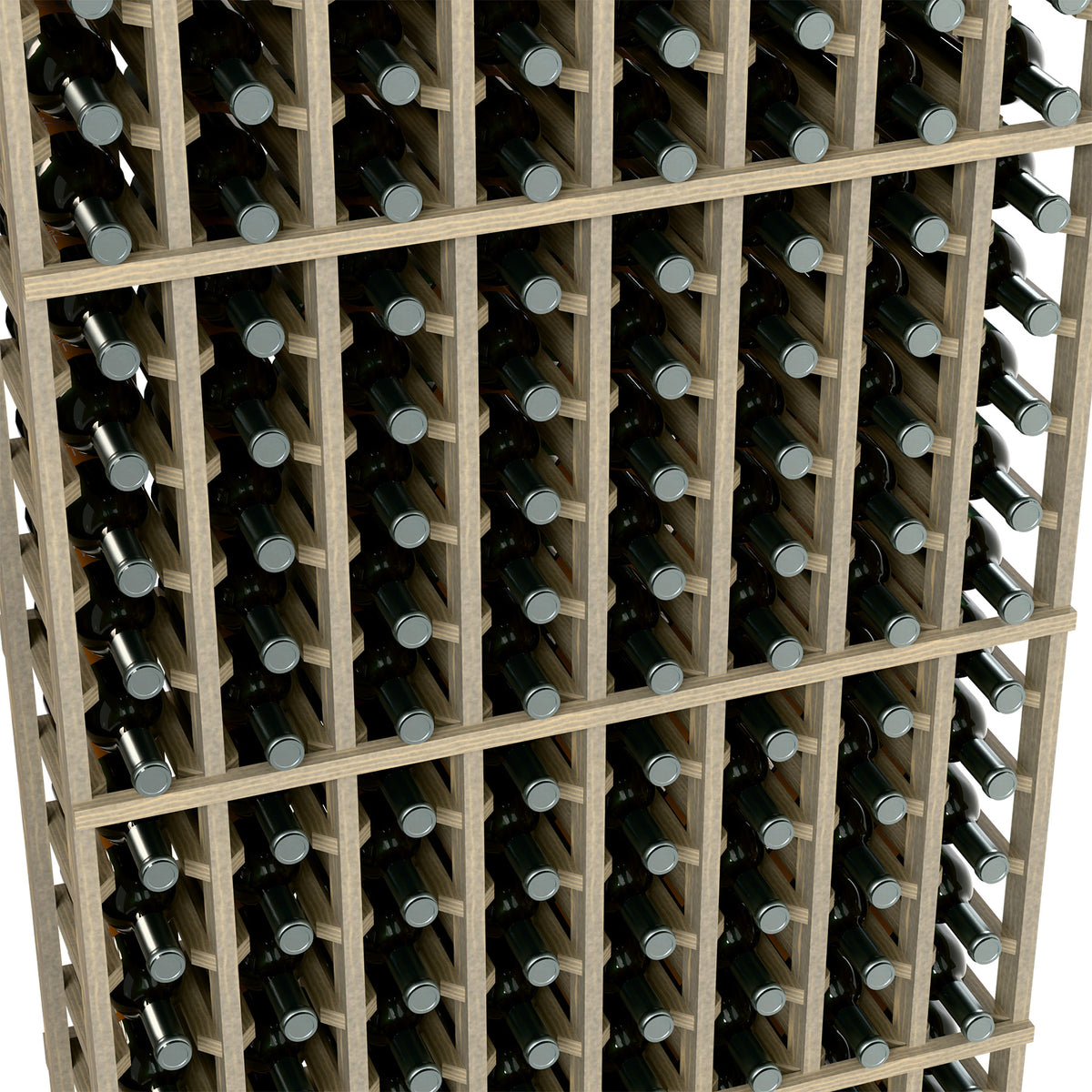 Wine bottle rack close-up with light wood frame and bottle slots holding dark bottles