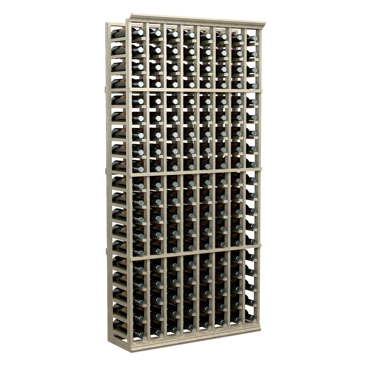 Front view of wine bottle rack with light wood frame and dark glass bottles