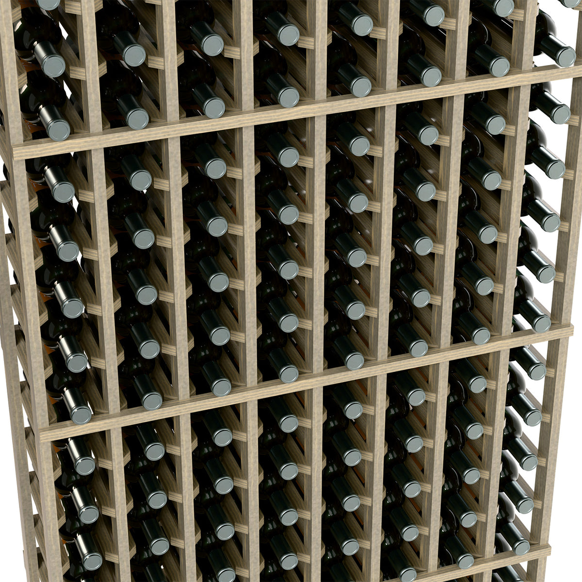 Wine bottle rack close-up showing light wood dividers and rows of dark bottles