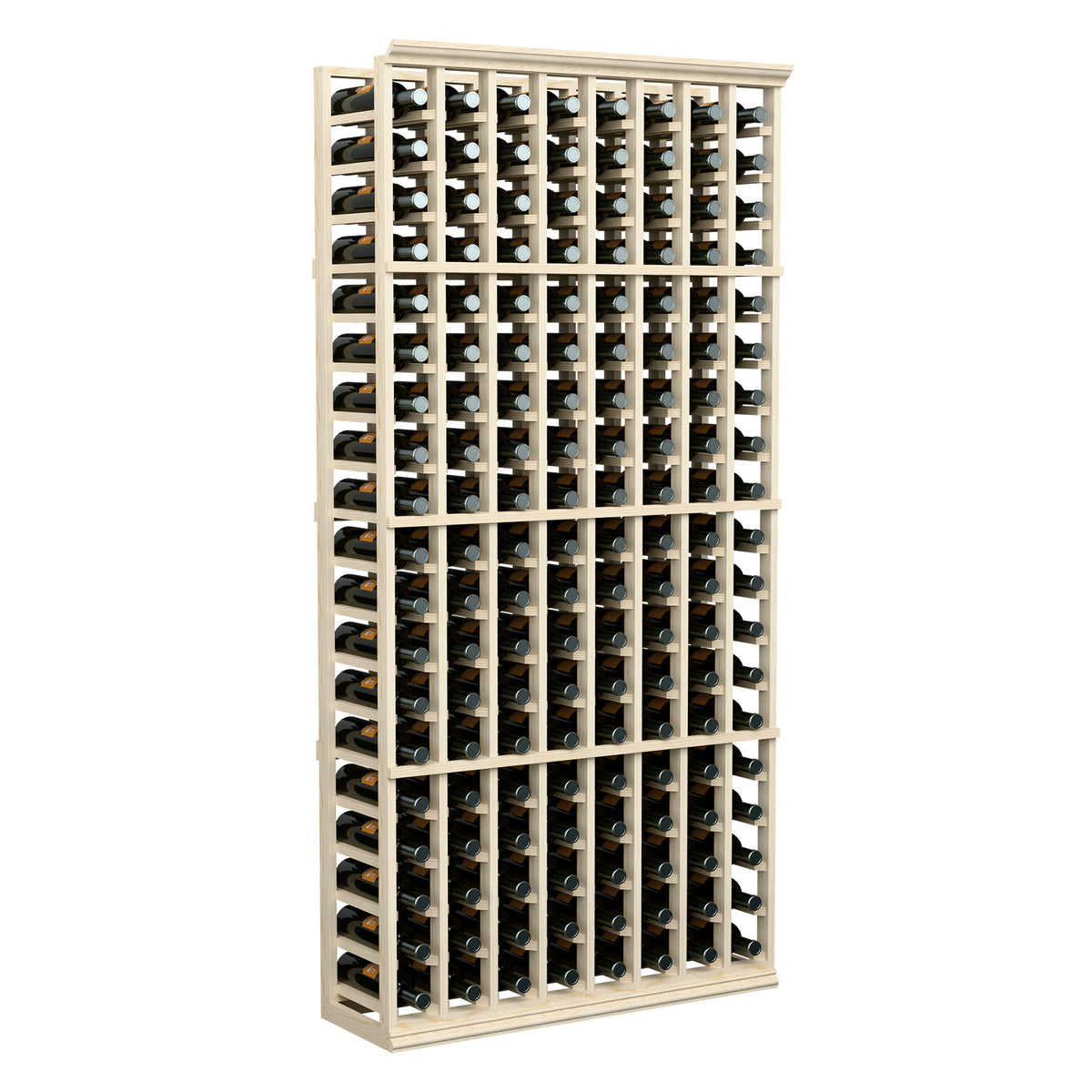 Wine bottle storage rack with light wood frame and many bottle slots for dark bottles