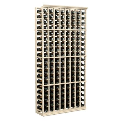 Wine bottle storage rack with light wood frame and many bottle slots for dark bottles