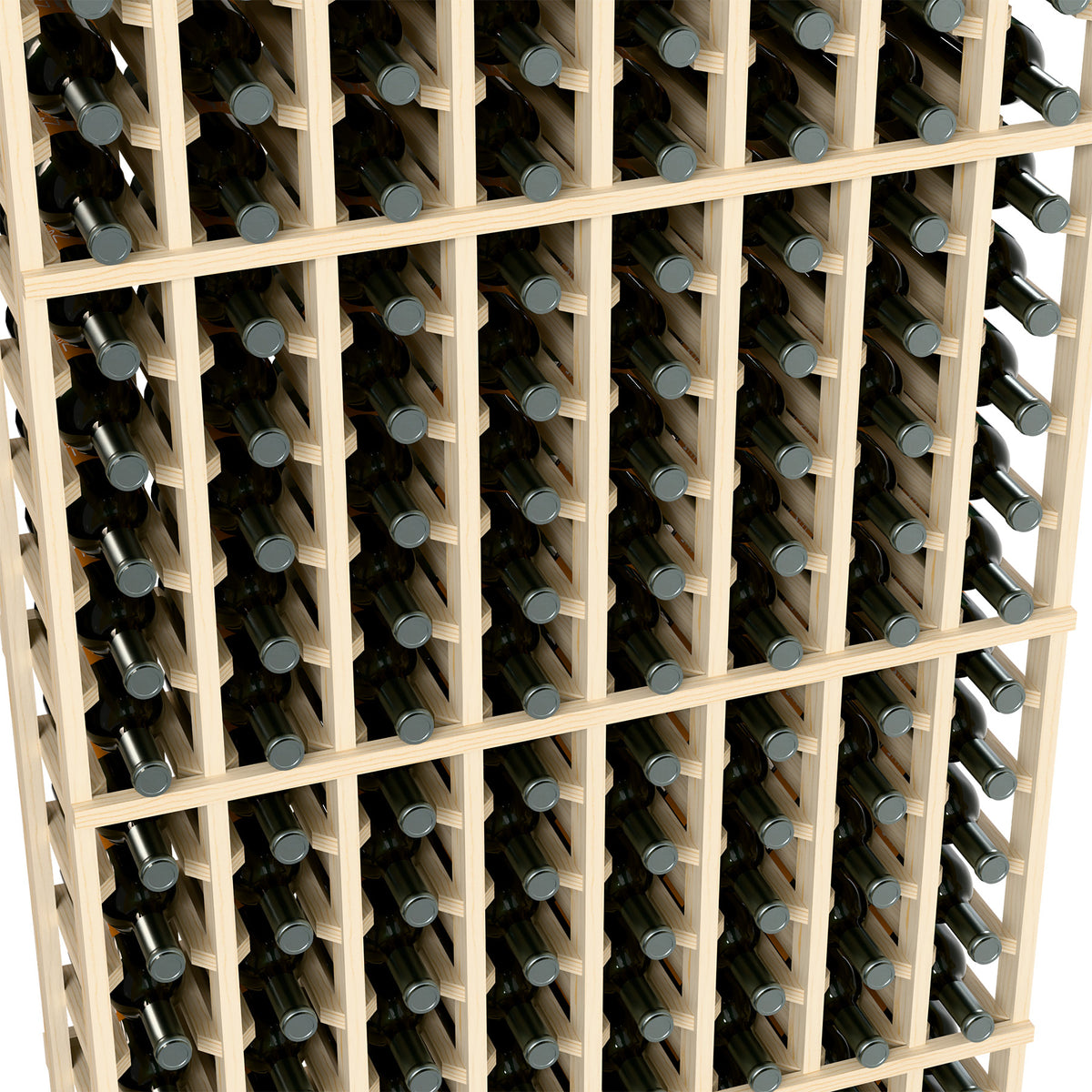 Wine bottle rack close-up with light wood frame and upright bottles in slots
