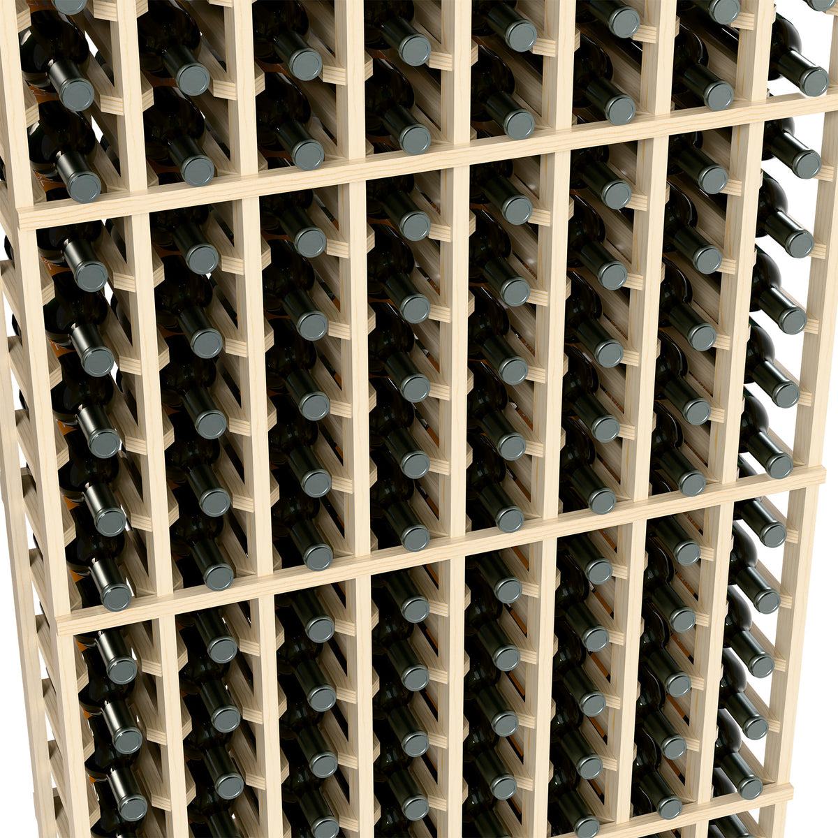 Wine bottle rack close-up with light wood grid holding dark bottles in rows