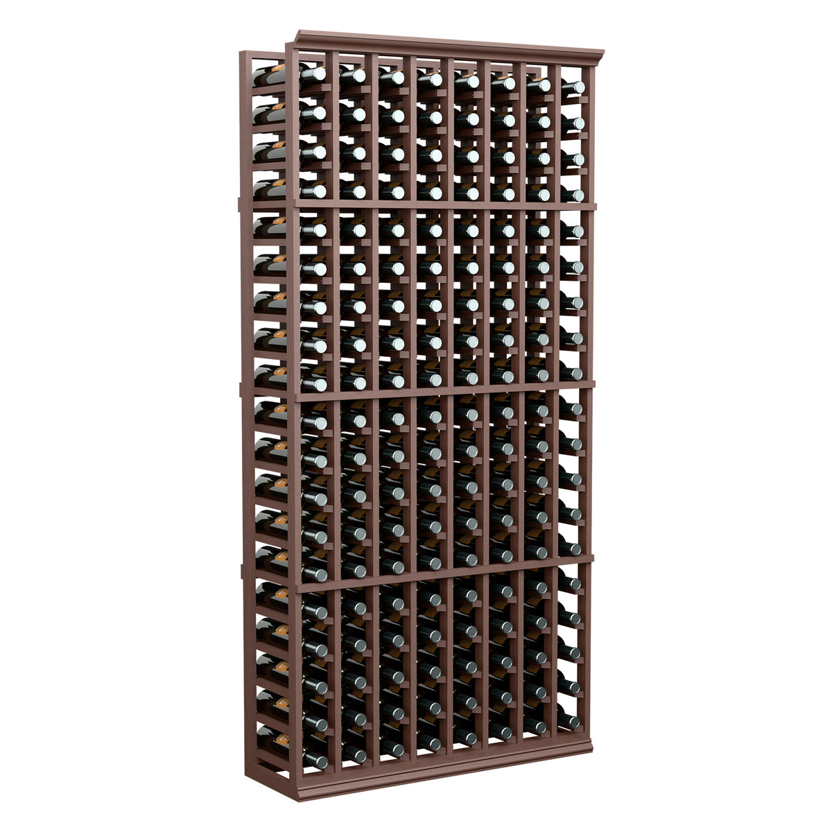 Wine bottle rack with dark wood frame holding wine bottles with dark glass