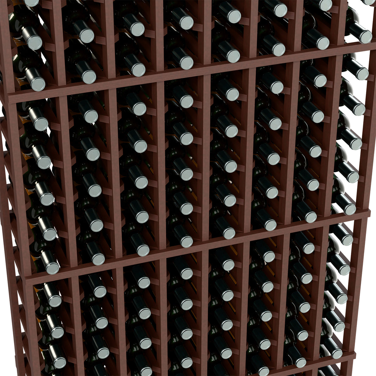 Wine bottle rack close-up with dark wood frame and bottle slots holding dark bottles