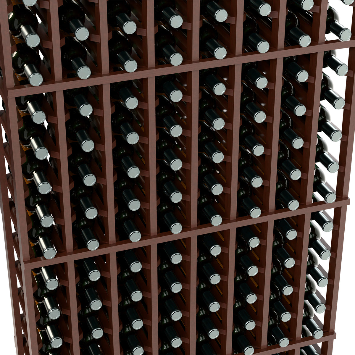Close-up of dark wood wine bottle rack with evenly spaced bottle openings