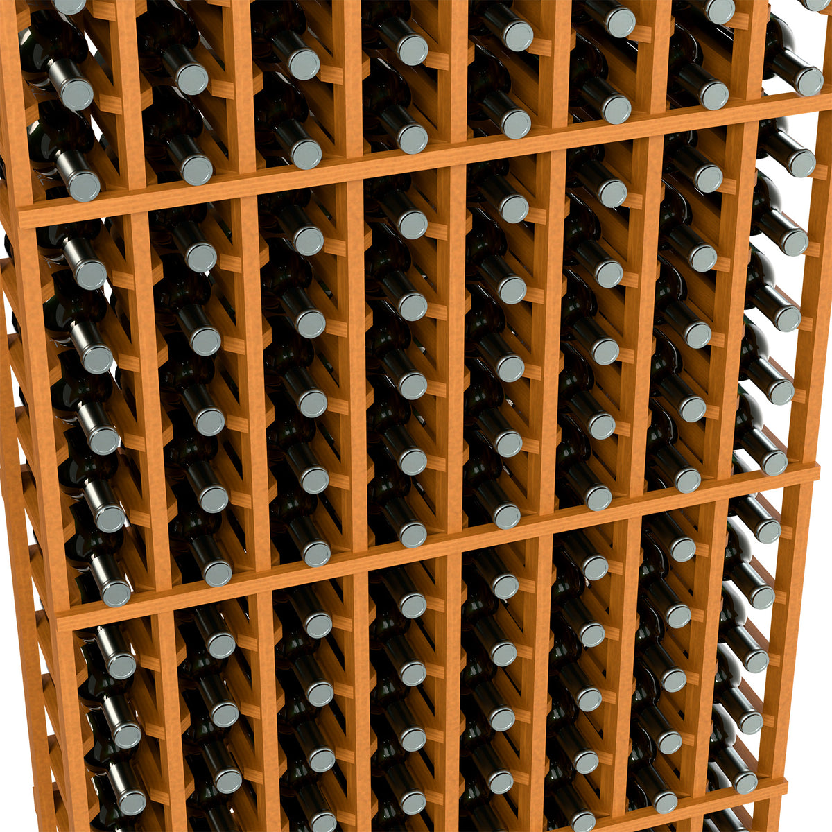 Close-up of light wood wine bottle rack with evenly spaced bottle openings