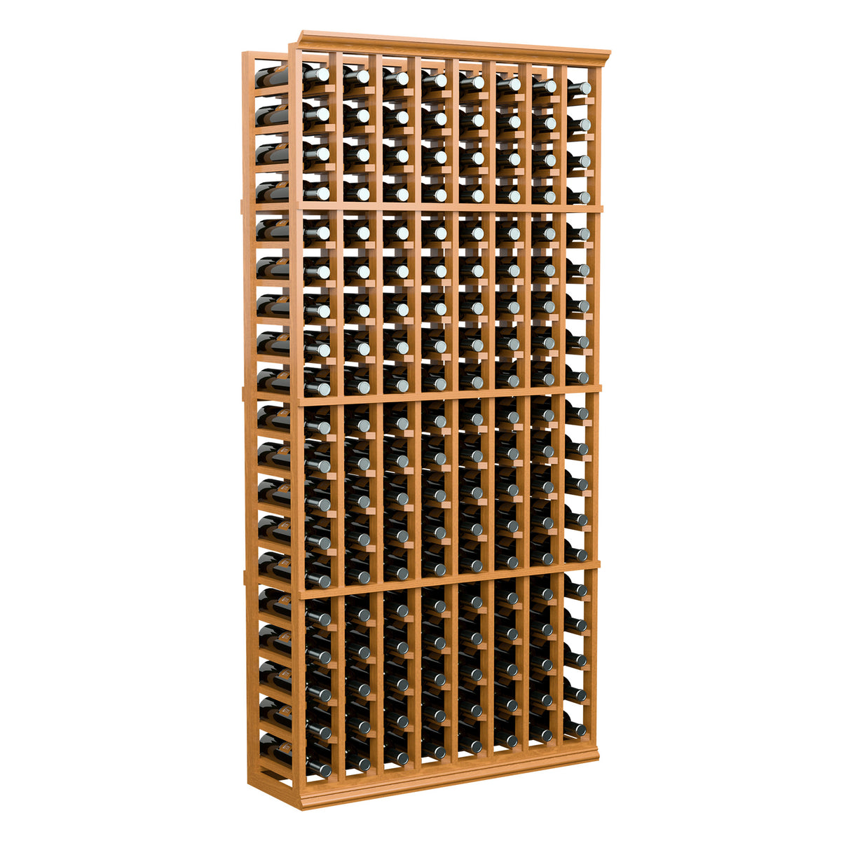 Wine bottle storage rack with warm wood frame and multiple bottle slots, 8-column layout