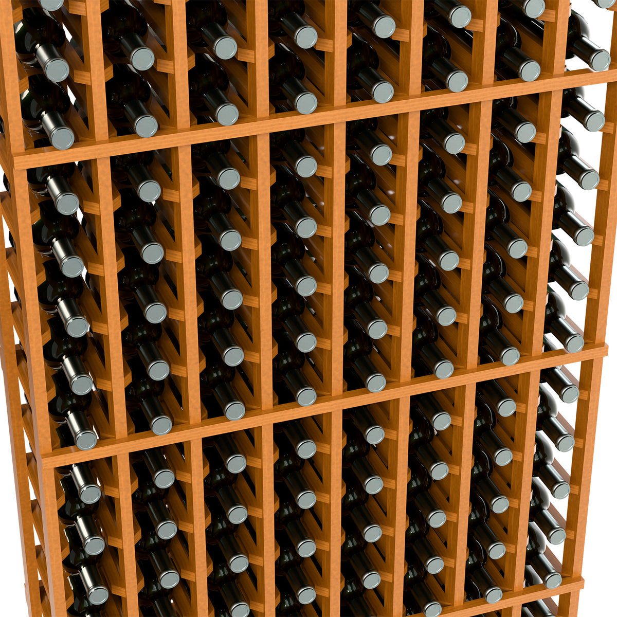 Close-up of warm wood wine bottle rack with evenly spaced bottle openings