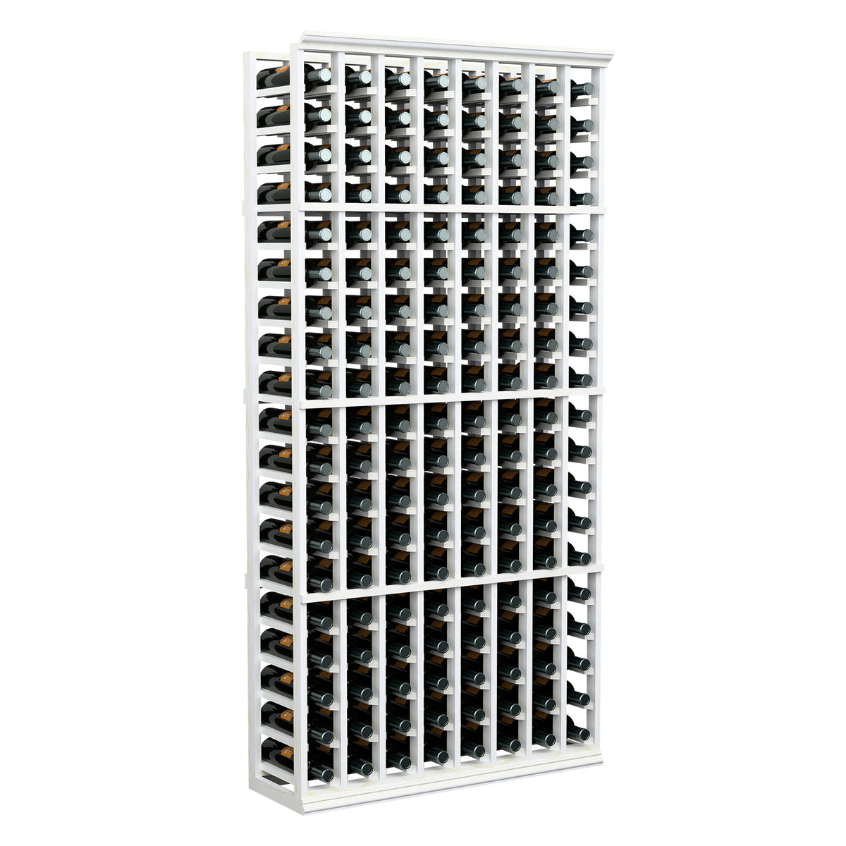 Wine bottle storage rack with white frame and multiple bottle slots, 8-column layout