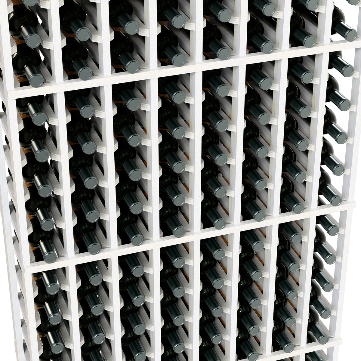 Close-up of white wine bottle rack with evenly spaced bottle openings