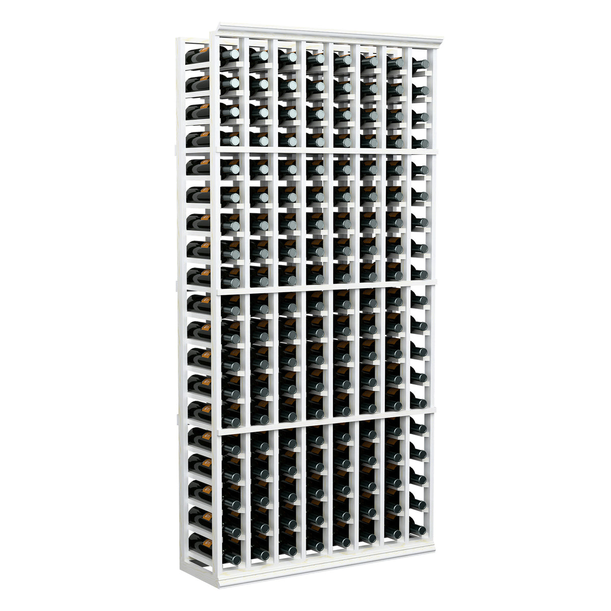 Wine bottle storage rack with white frame and multiple bottle slots, 8-column layout