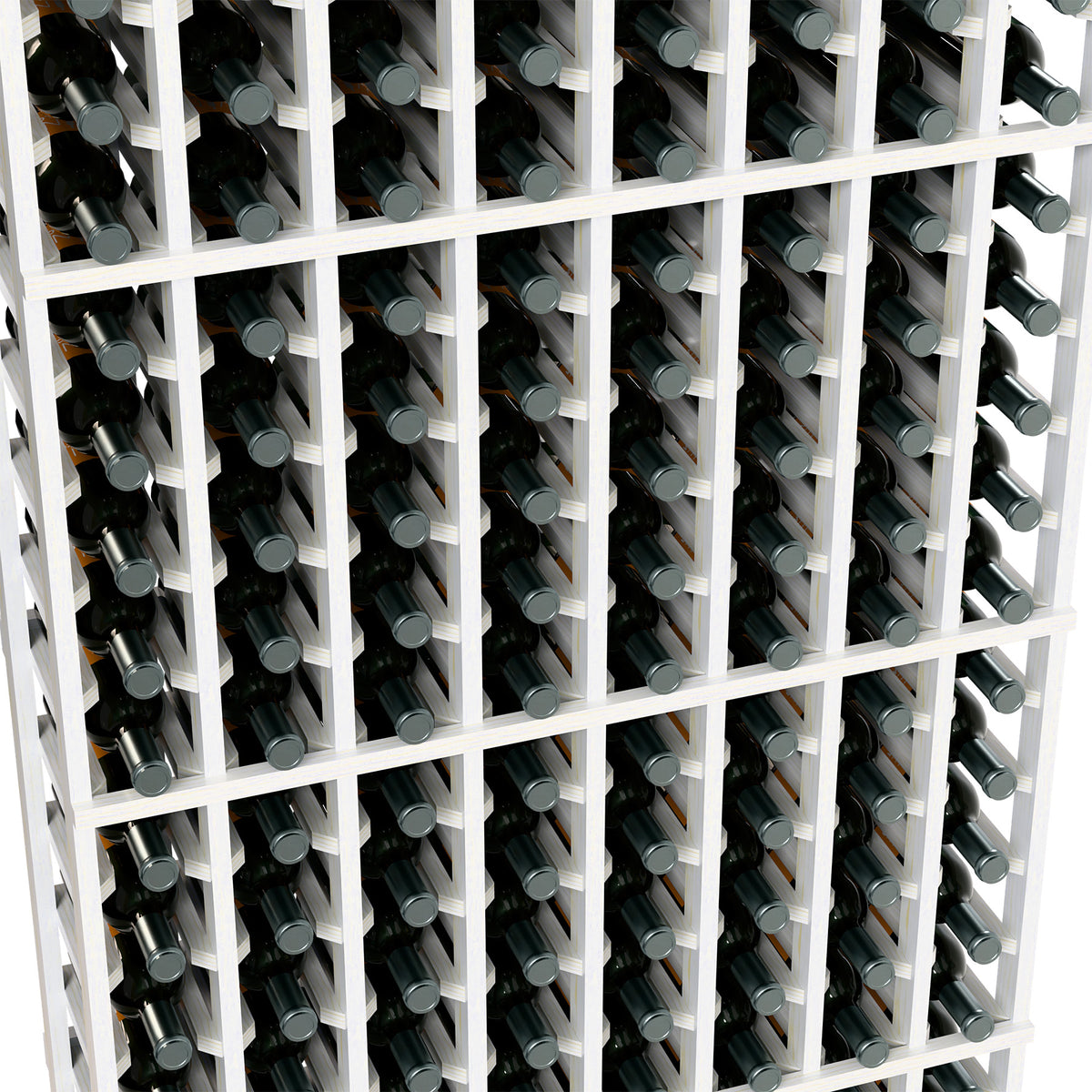 Close-up of white wine bottle rack with evenly spaced bottle openings