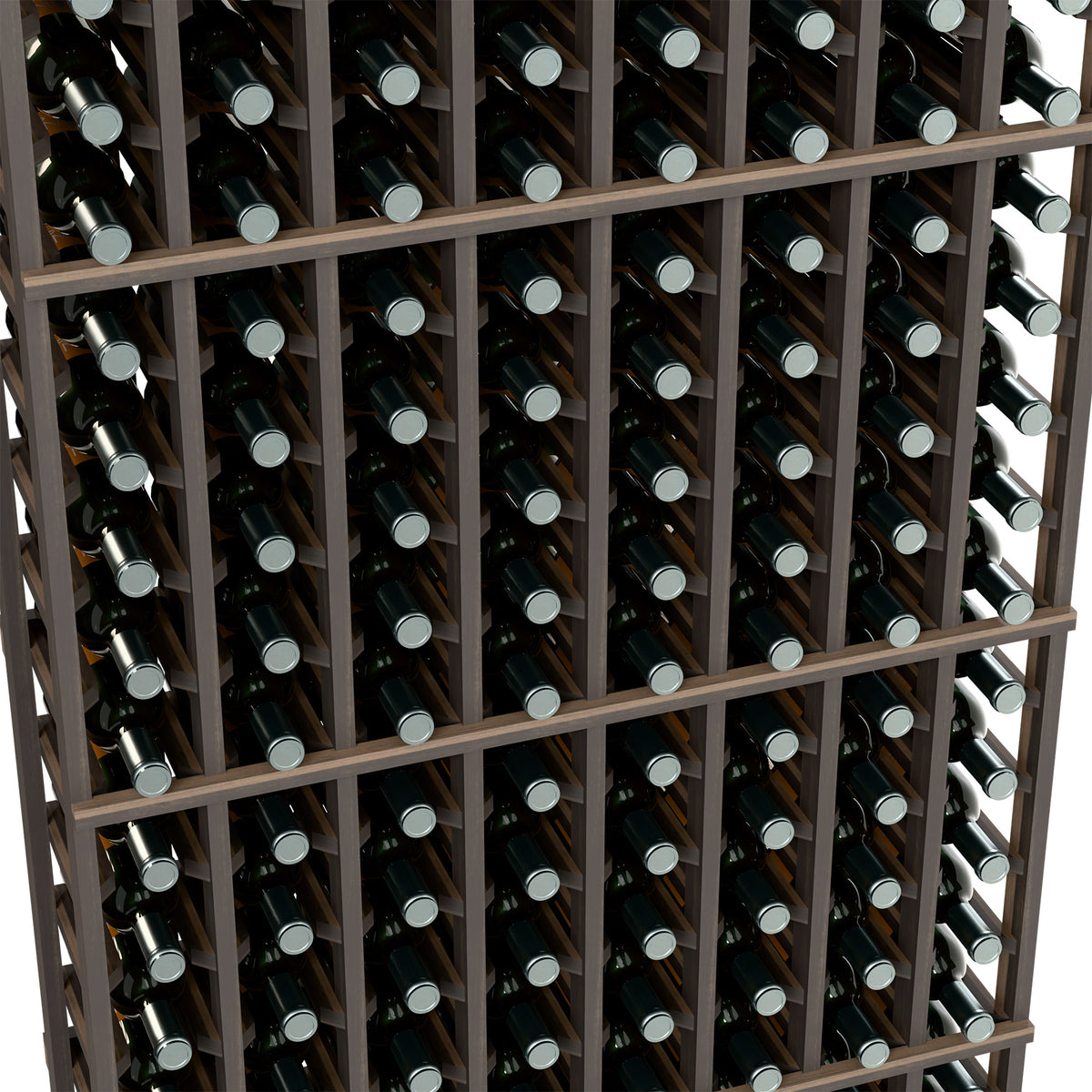 Wine bottle storage rack detail view with dark frame and rows of bottles