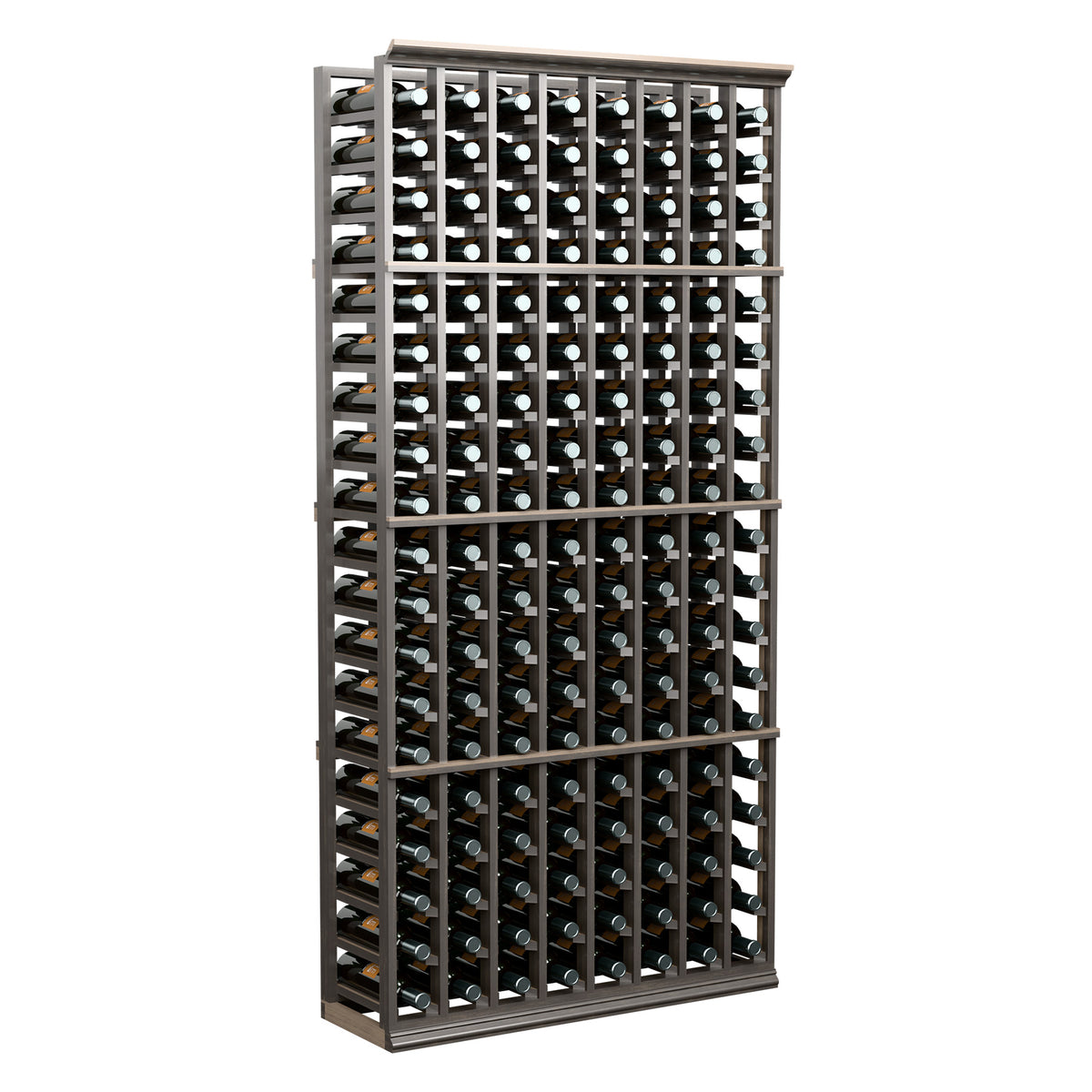 Wine bottle storage rack with dark frame and multiple bottle rows in a grid