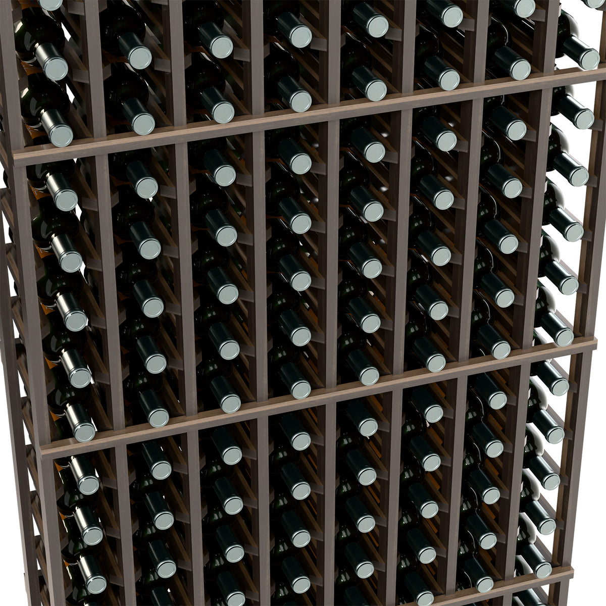 Wine bottle storage rack close-up with dark frame and bottle necks visible
