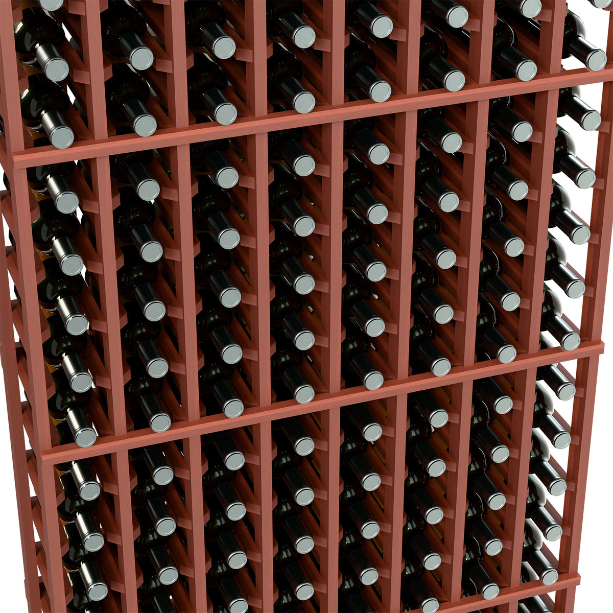 Wine bottle storage rack close-up with reddish frame and bottle rows