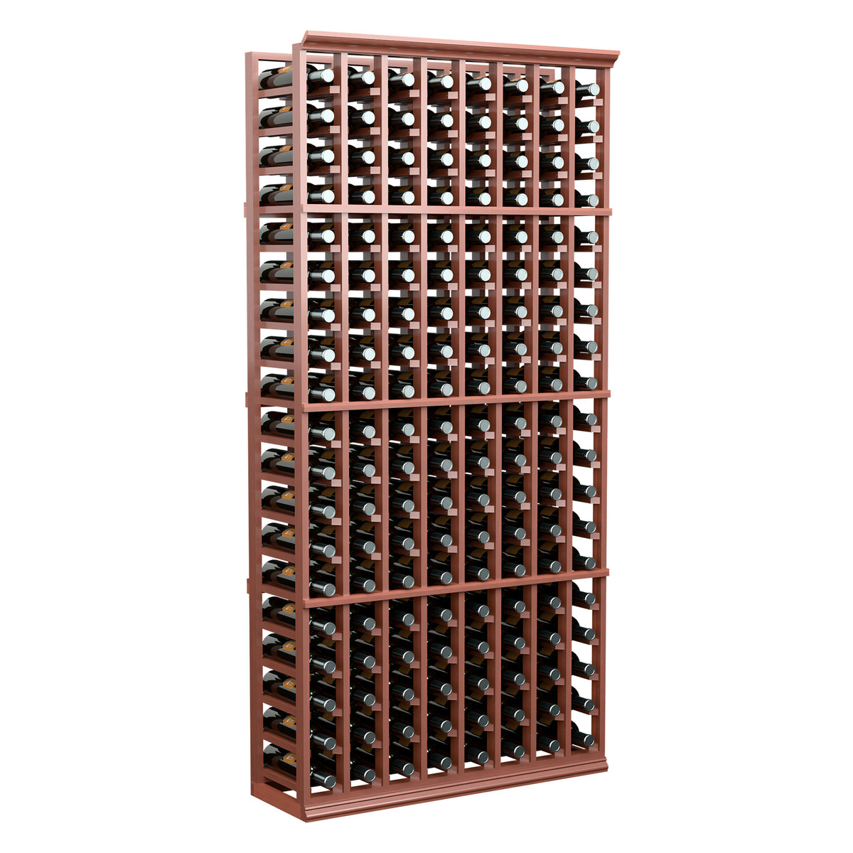 Wine bottle storage rack with reddish wood frame and tightly spaced bottle openings