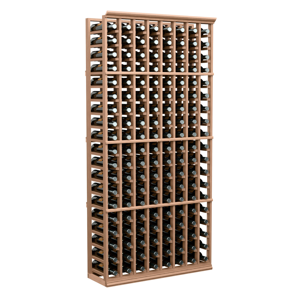 Wine bottle storage rack with light wood frame and rows of bottles